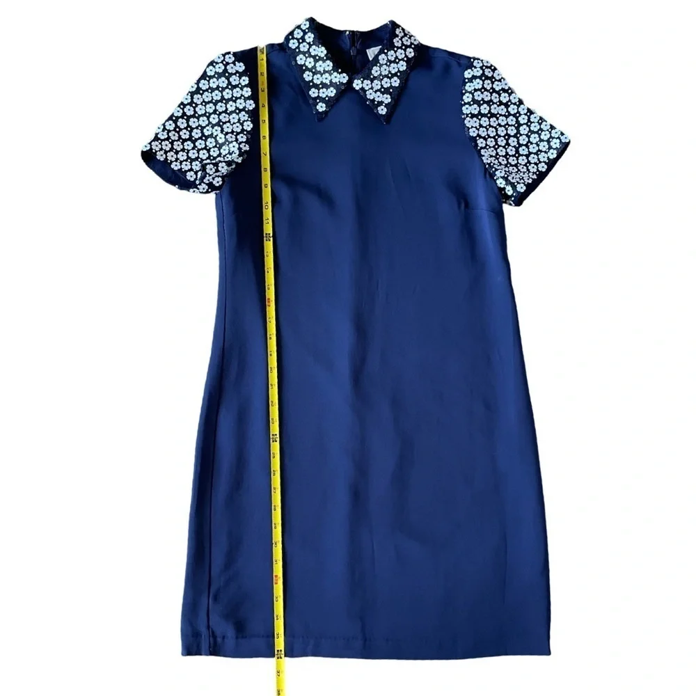 Michael Kors Floral Appliqué Collared Shift Dress Navy Blue and White Size 8
